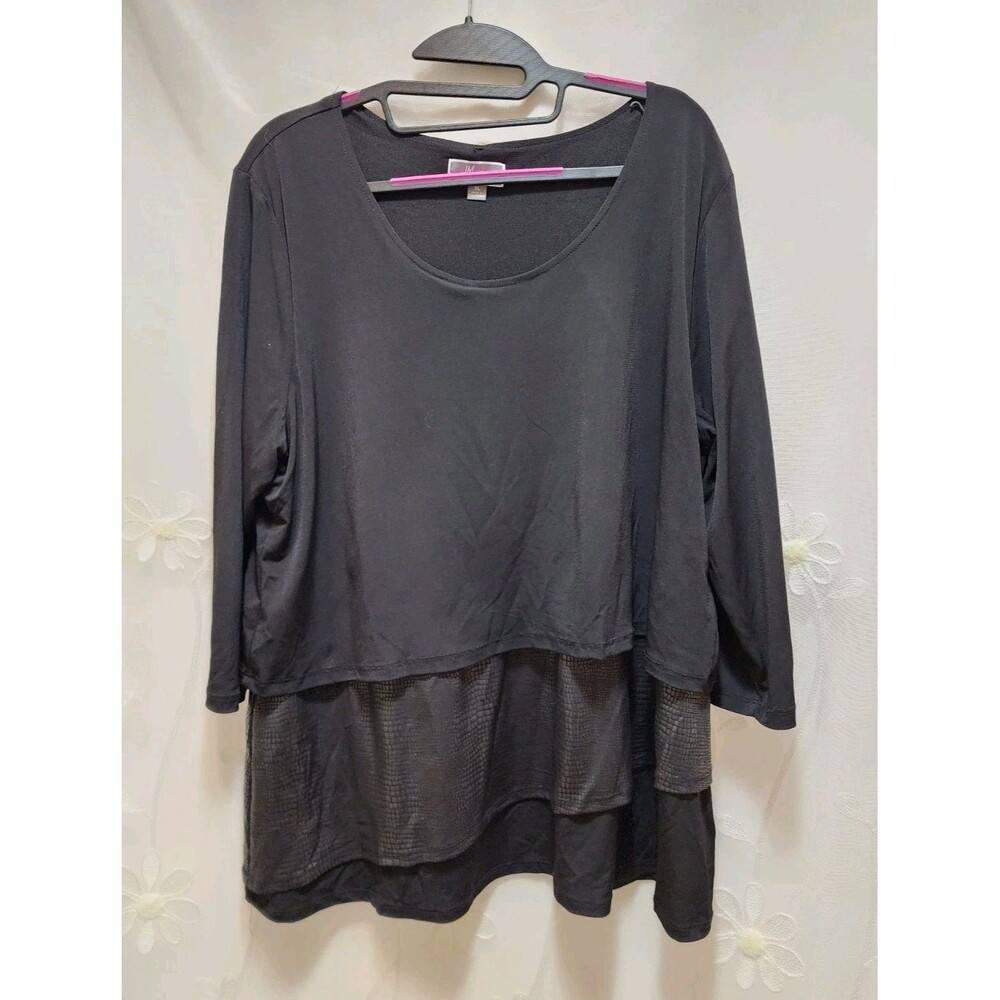 JM Collection Womens XL Black Layered Blouse Tiered Animal Print 3/4 Sleeve Work